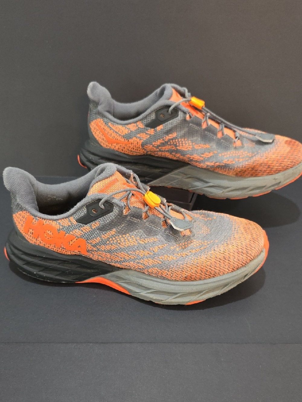 Hoka SpeedGoat 5 Womens  Orange and Gray Knit Shoes Size 8